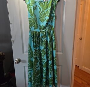 Corey Lynn Calter Turquoise Maxi Dress with Green Leaf Print
